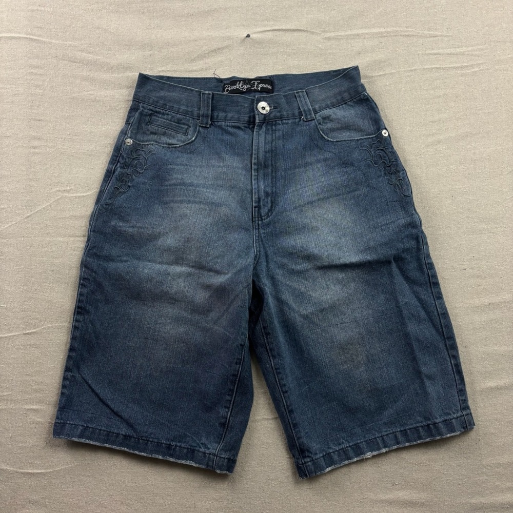 Brooklyn Express Mens Baggy Denim Shorts Tribal Embroidered Dark Wash W36 Y2K